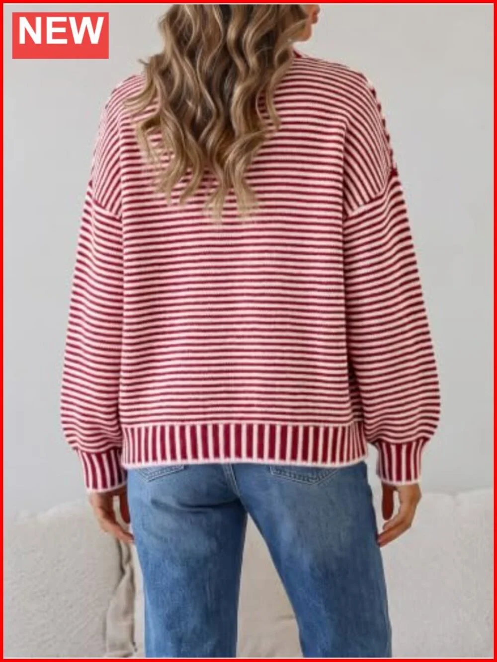 Chunky Knit Striped Sweater Oversized Drop Shoulder Crew Neck Pullover